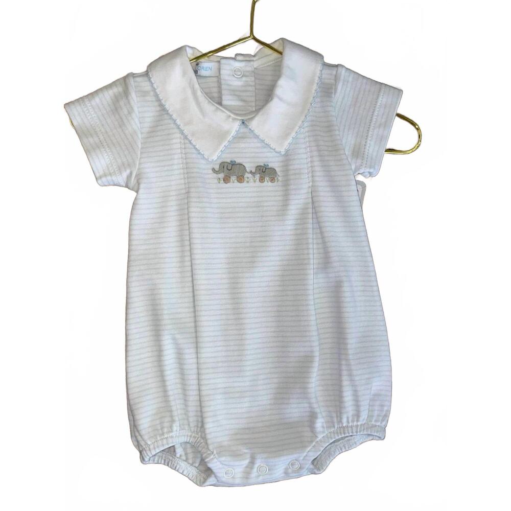 NEW BABY LOREN baby's elephants hand embroidered bubble romper in blue